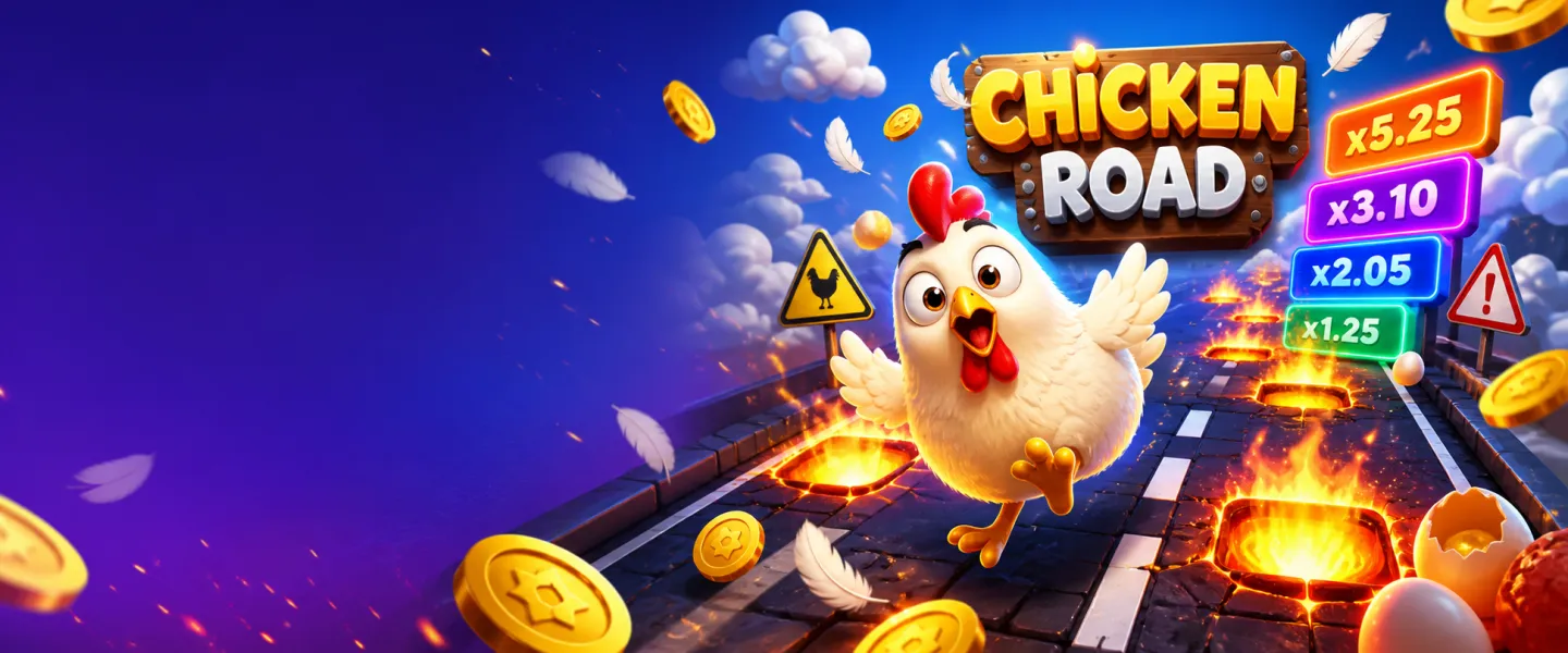 Bright and dynamic promo image for Chicken Road game with road lanes, feathers, eggs, coins, and arcade energy.