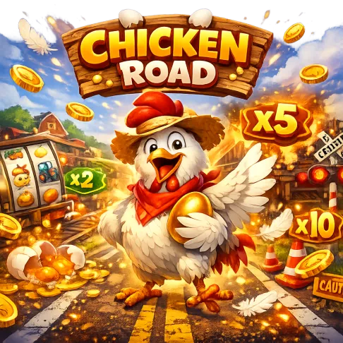 Dynamic promotional image featuring a funny chicken on road lanes with playful danger, floating coins, and bright crash-game 