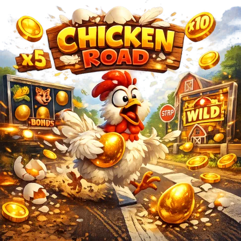 Bright promotional image of Chicken Road slot featuring a humorous chicken on road lanes with eggs and coins.