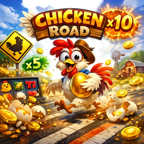 Bright and dynamic promo image featuring a funny chicken, road lanes, eggs, and floating coins with playful energy.